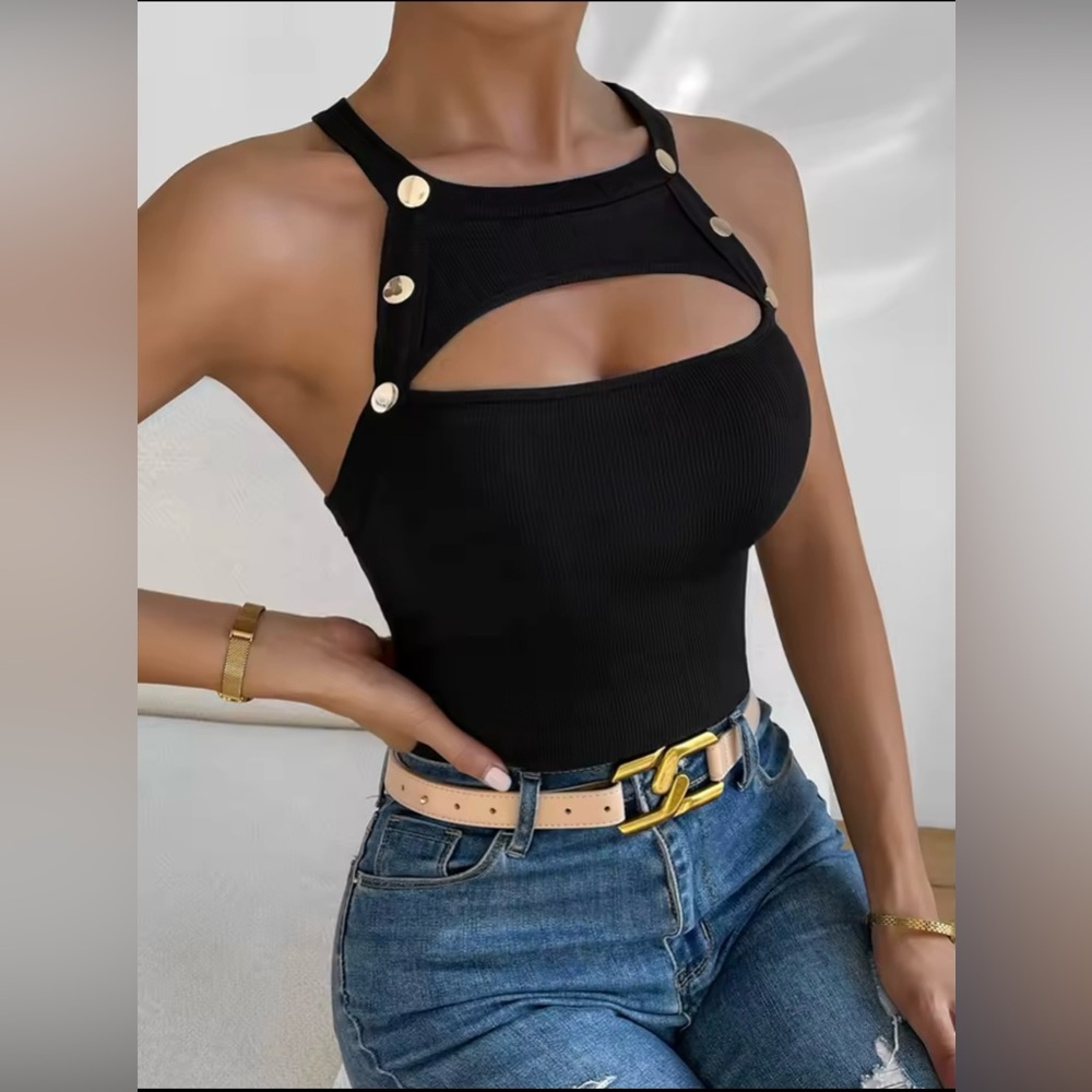 Black Sleeveless Top with Button Accents